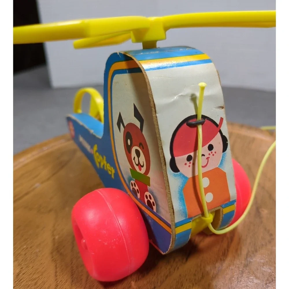Vtg 1970 Fisher Price Mini Copter Pull Toy 448 Wood Helicopter Works Gnawd Strng